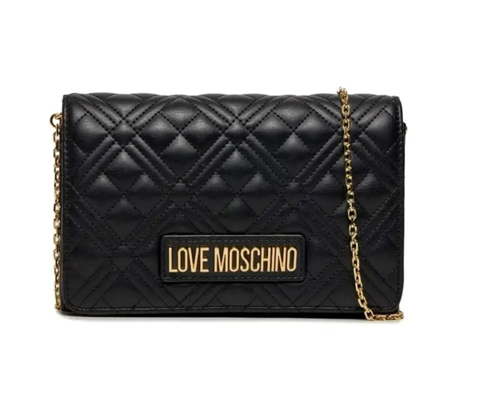 Love Moschino Black & Gold Quilted Faux Leather Clutch Crossbody Bag Chain Strap